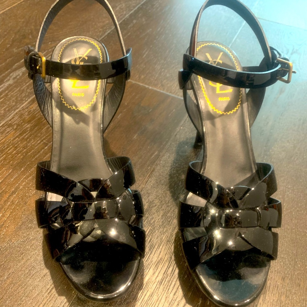 Authentic black patent YSL tribute sandals